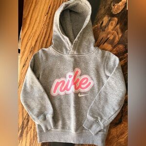 Nike Girls Hoodie Size 4 Gray Pink Script Logo Pullover Sweatshirt